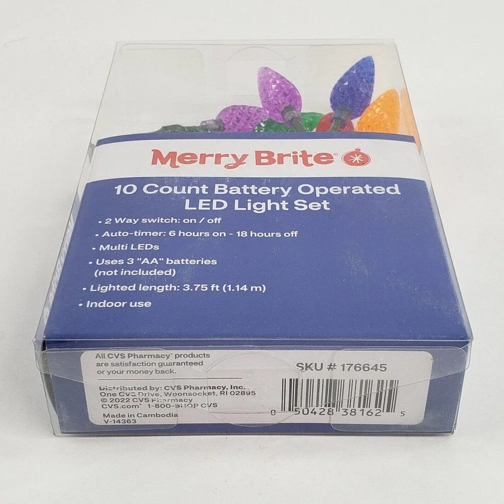 Merry Brite 10ct LED Lights Cone Shape Faceted Multi Clr Battery Operated Timer